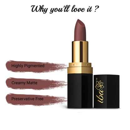 Iba Pure Lips Long Stay Matte Lipstick in shade M16 Rose Tan, showing a sleek lipstick tube and swatch of rosy nude color.