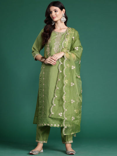 Indyancart IE Ethnic Motifs Embroidered Gotta Patti Kurta With Trousers & Dupatta