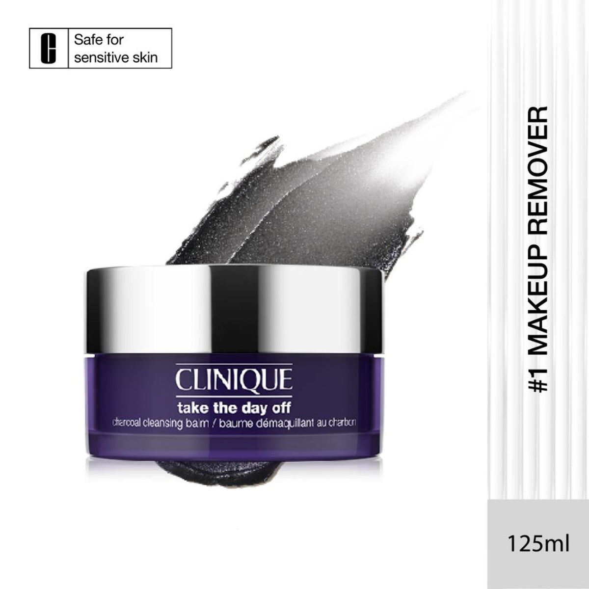 Clinique Take The Day Off Charcoal Balm in a sleek jar, showing the balm's rich, charcoal-colored texture for makeup removal.