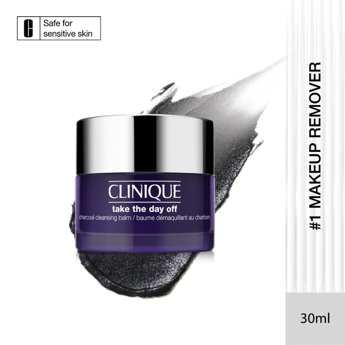 Clinique Take The Day Off Charcoal Balm in a sleek black jar, featuring the product label and balm texture visible.