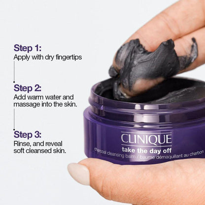 Clinique Take The Day Off Charcoal Balm in a sleek jar, designed for gentle makeup removal and cleansing.