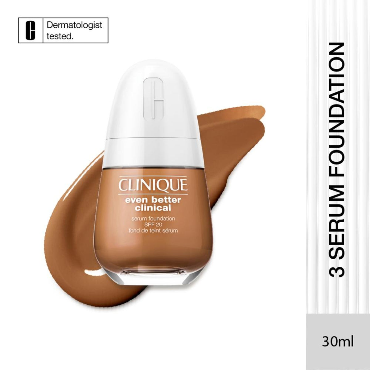 Clinique Even Better Clinical Serum Foundation SPF 20 with Vitamin C in shade WN 122 Clove, liquid foundation bottle with pump.