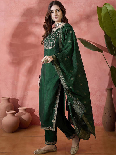 Indyancart SN Women's Floral Embroidered Straight Kurta With Trouser And Dupatta