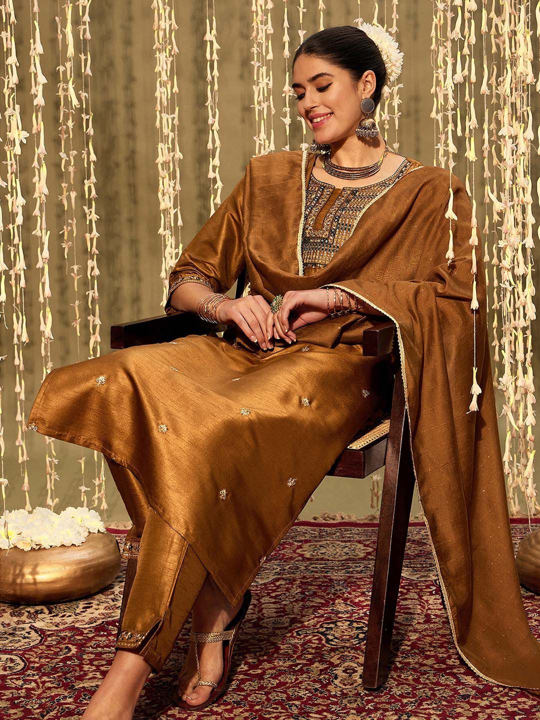 Indyancart IE Floral Embroidered Regular Mirror Work Kurta With Trousers & Dupatta