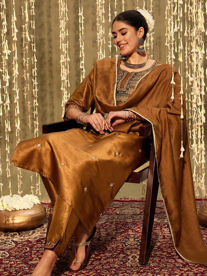 Indyancart IE Floral Embroidered Regular Mirror Work Kurta With Trousers & Dupatta