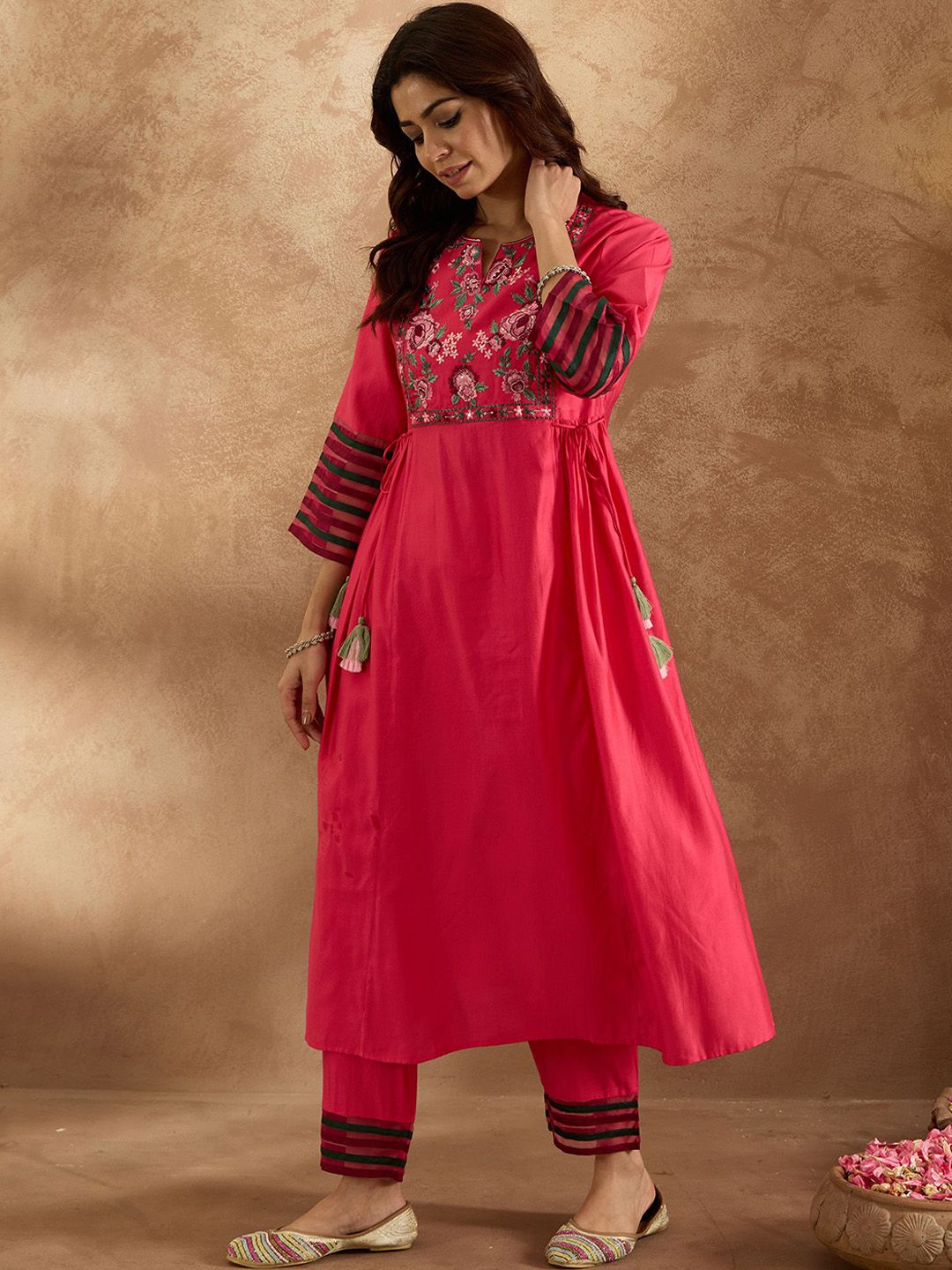 Indyancart IE Embroidered Three-Quarter Sleeves Liva Tunic With Trouser