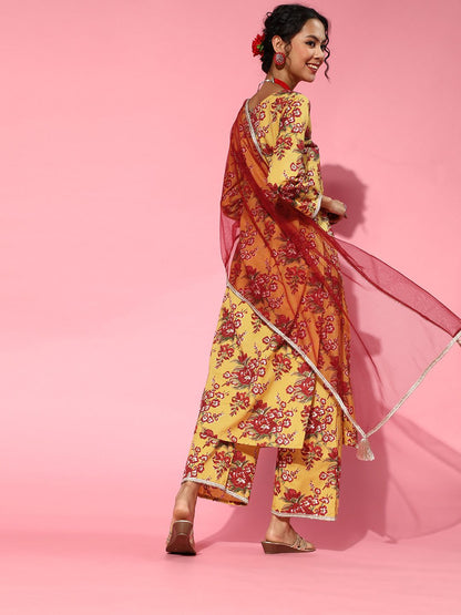 Dhiyona IE Yellow Cotton Blend Romantic Florals Kurta Set