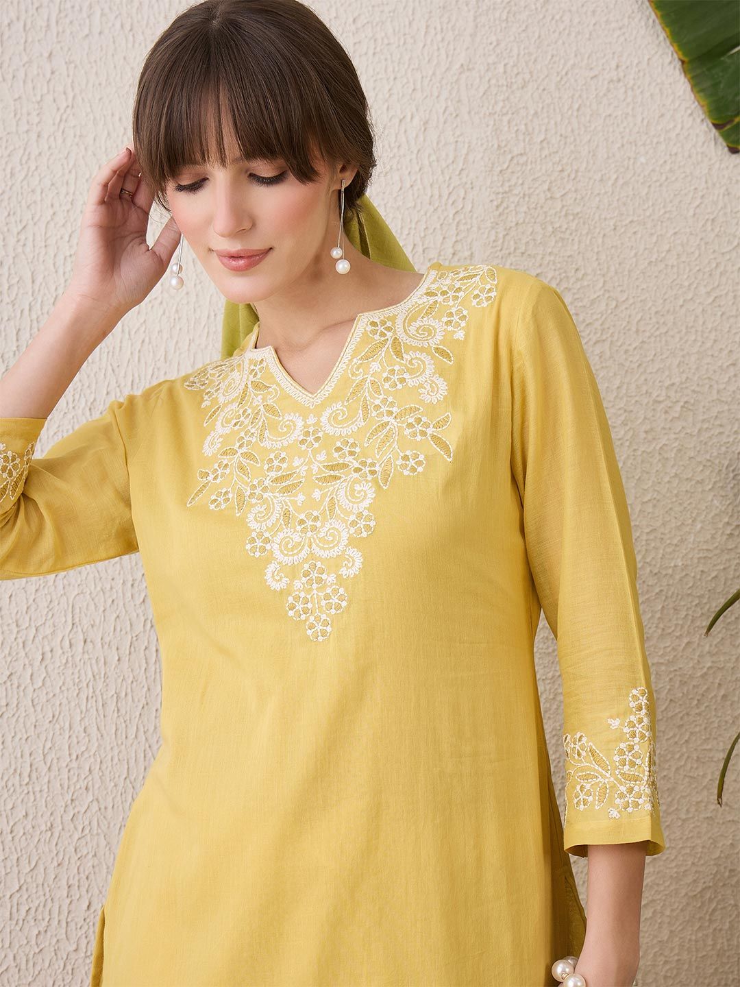 Floral Embroidered Notch Neck Pure Cotton Straight Kurta With Trousers