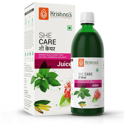 Krishna's Herbal & Ayurveda She Care Juice Ayurvedic syrup for women's wellness, featuring herbal ingredients in a glass bottle.