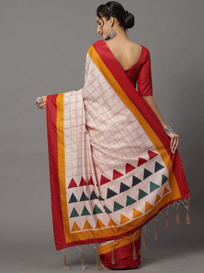 Women's Bhagalpuri Silk Cream Printed Designer Saree With Blouse Piece