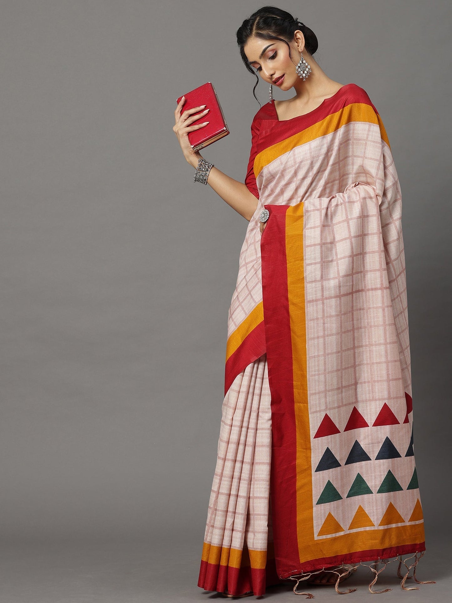 Women's Bhagalpuri Silk Cream Printed Designer Saree With Blouse Piece
