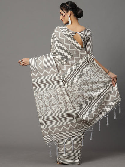 Women's Bhagalpuri Silk Grey Printed Designer Saree With Blouse Piece
