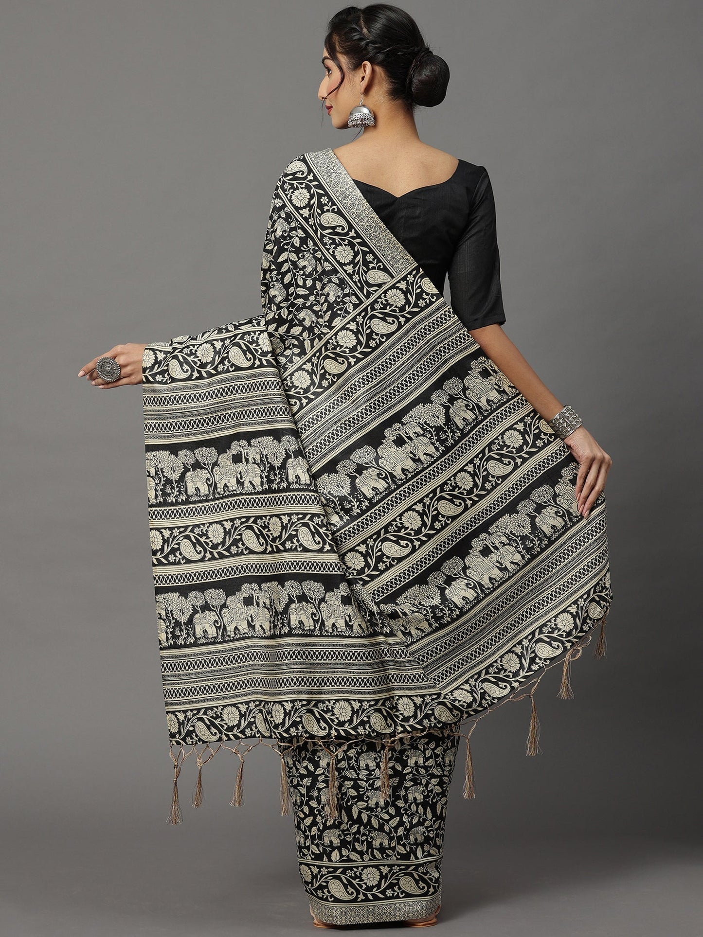 Women's Bhagalpuri Silk Black Printed Designer Saree With Blouse Piece