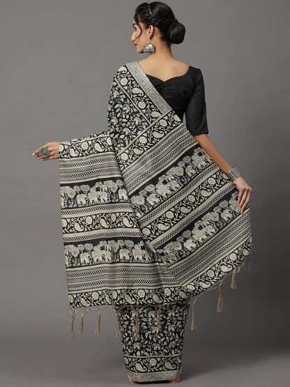 Women's Bhagalpuri Silk Black Printed Designer Saree With Blouse Piece