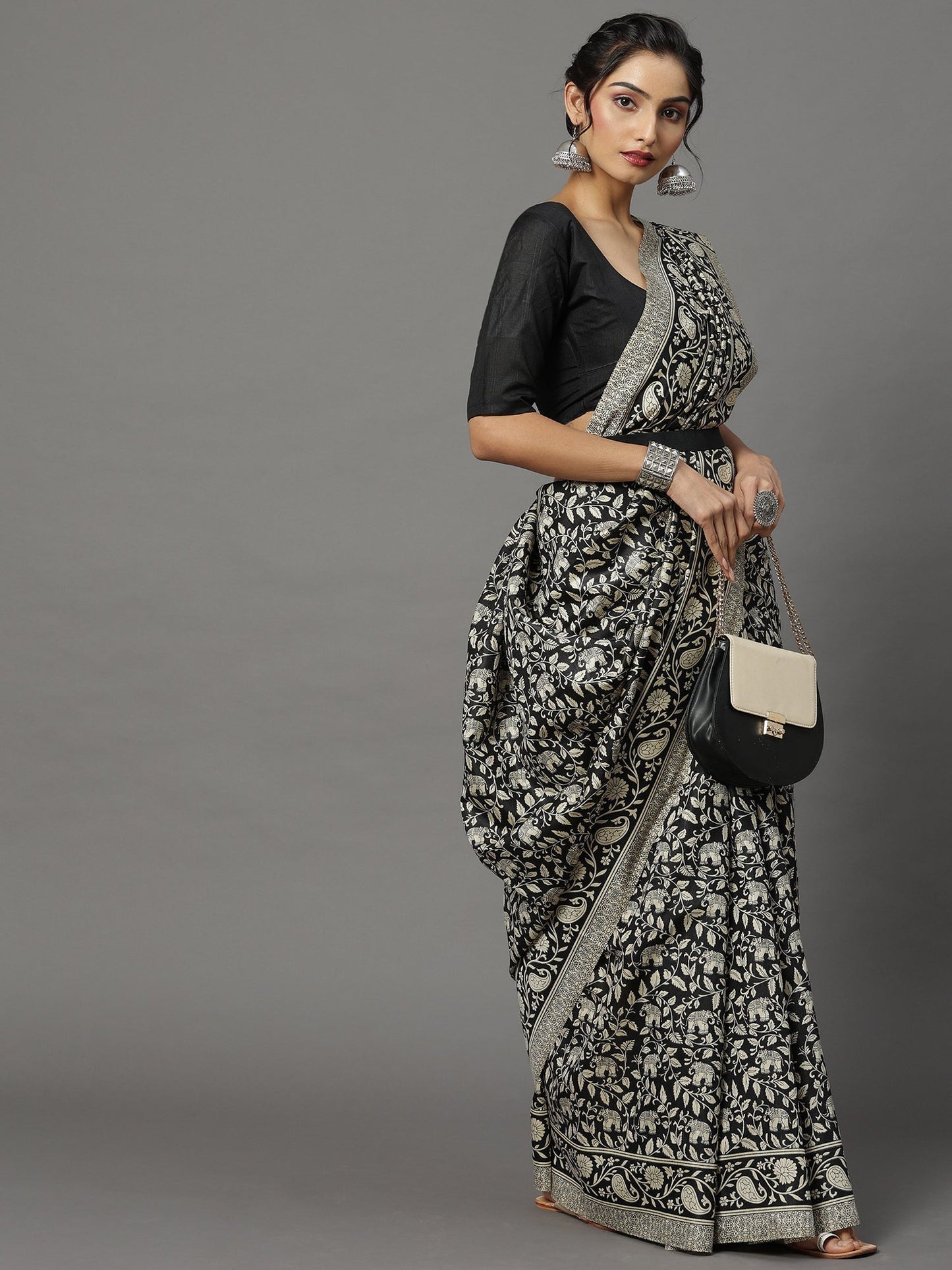 Women's Bhagalpuri Silk Black Printed Designer Saree With Blouse Piece