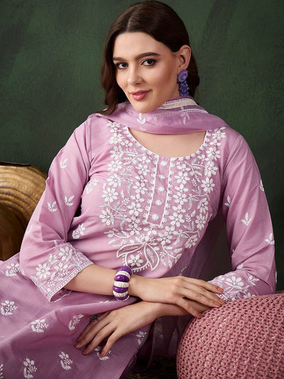 Indyancart SN Women's Lavender Floral Embroidered Thread Work Cotton Kurta & Trouser With Dupatta