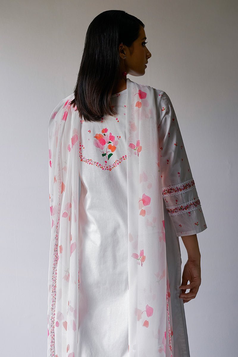 Women's White Bougainvillea Cotton Printed Salwar Suit With Embroidery and Lace Detailing on Sleeves