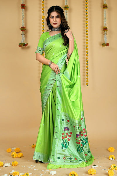 Indyancart GR Women's Mastani 2 Light Green Zari Paithani Silk Saree