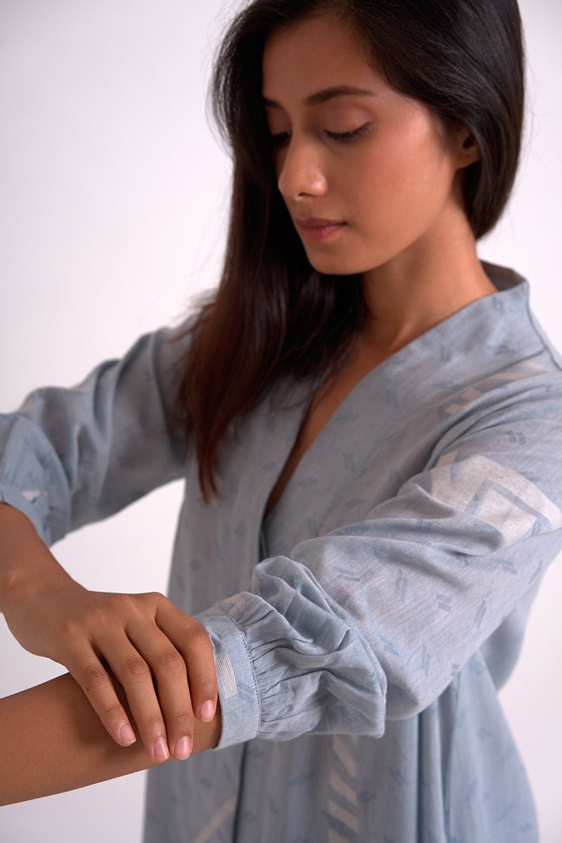 Women's Powder Blue Woven Kurta With Printed Cotton Bottom
