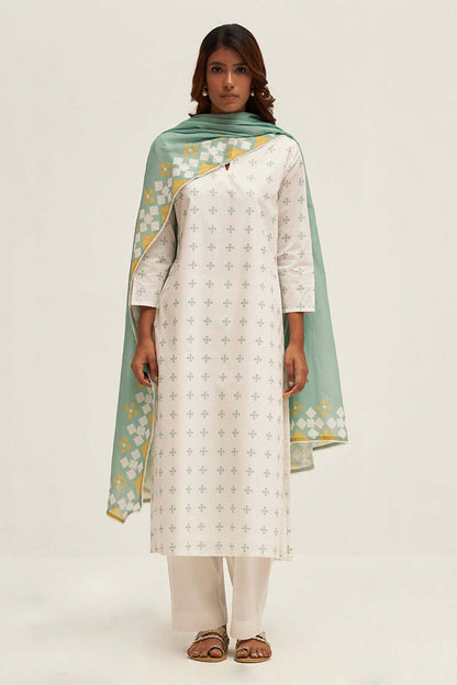 Women's White and Aquifer Printed Cotton Salwar Suit