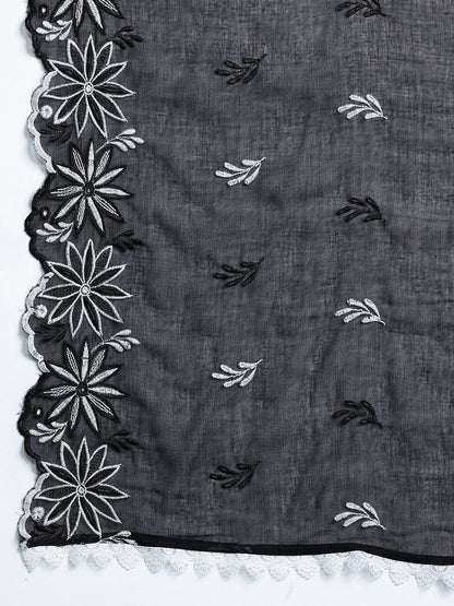 Indyancart IE Floral Embroidered Thread Work Pure Cotton Kurta With Trousers & Dupatta