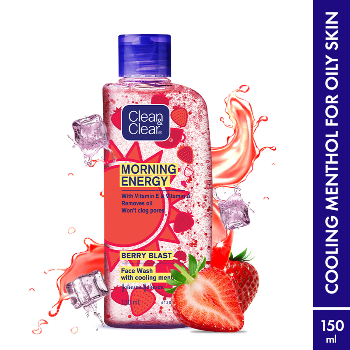 Clean & Clear Morning Energy Berry Blast Face Wash with menthol, gentle cleanser for oily skin, featuring berry scent and refreshing formula.