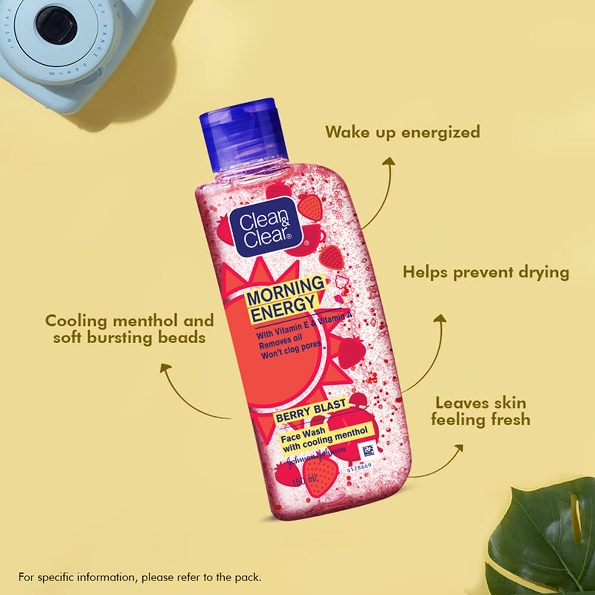 Clean & Clear Morning Energy Berry Blast face wash with menthol, gentle cleanser for oily skin, featuring berry scent and refreshing formula.