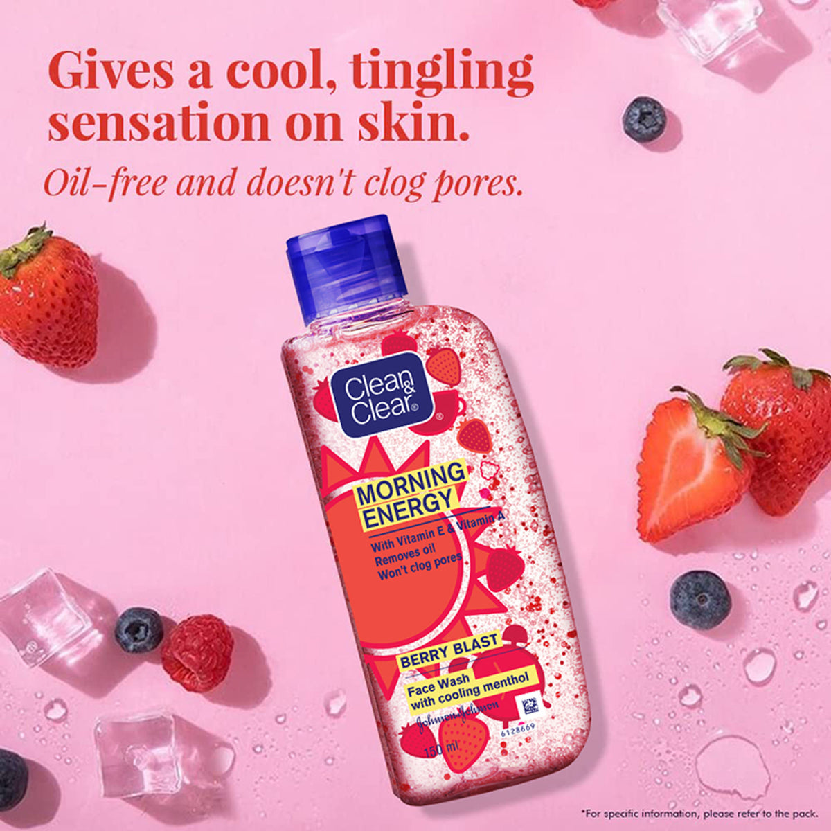 Clean & Clear Morning Energy Berry Blast Face Wash with menthol, gentle cleanser for oily skin, showing the product bottle and berries.