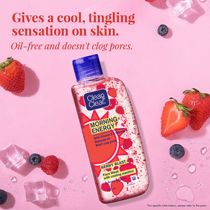 Clean & Clear Morning Energy Berry Blast Face Wash with menthol, gentle cleanser for oily skin, showing the product bottle and berries.