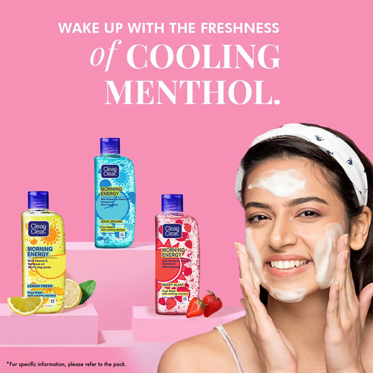 Clean & Clear Morning Energy Berry Blast face wash with menthol, gentle cleanser for oily skin, in a bright pink tube.