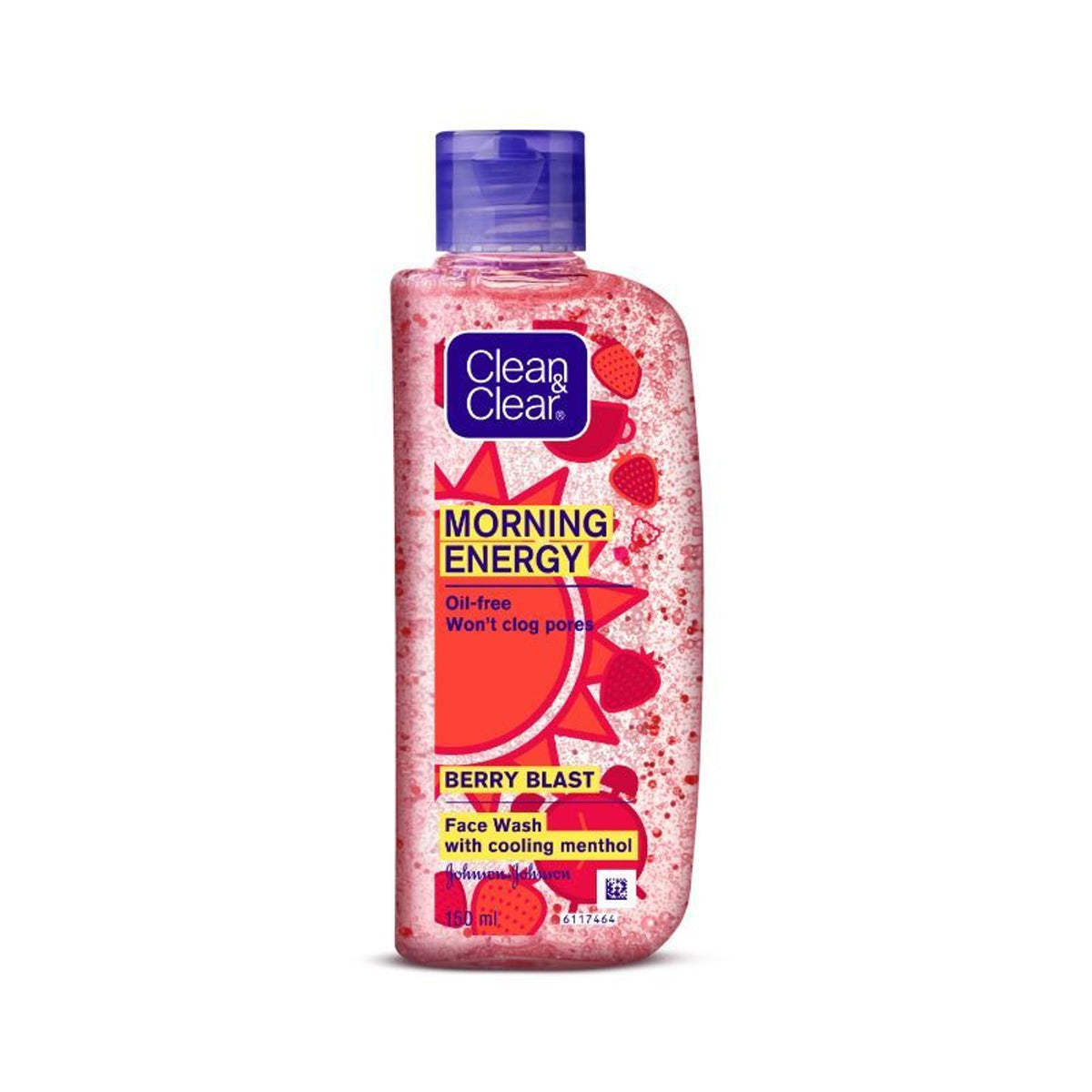 Clean & Clear Morning Energy Berry Blast face wash with menthol, gentle cleanser for oily skin, shown in a clear bottle with berry scent