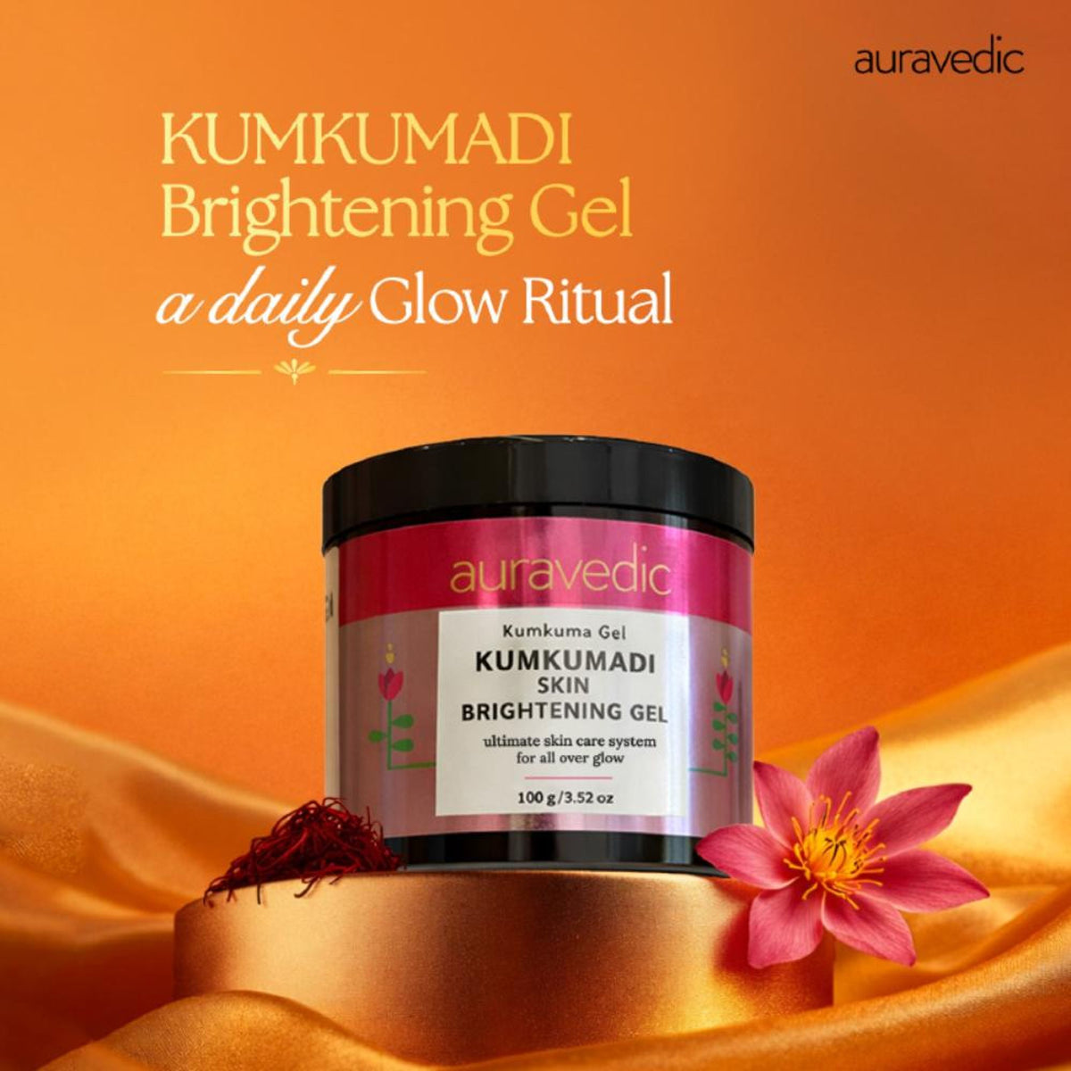 AuraVedic Kumkumadi gel with Kumkumadi Tailam for skin brightening and pigmentation reduction, featuring a soothing, natural texture.