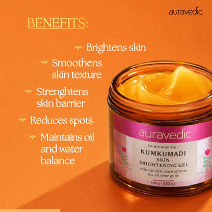 AuraVedic Kumkumadi Gel with Kumkumadi Tailam for skin brightening and pigmentation reduction, featuring a soothing gel texture.