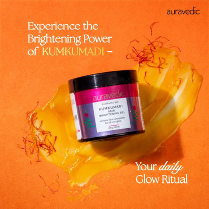 AuraVedic Kumkumadi Gel with Kumkumadi Oil for skin brightening and pigmentation reduction, featuring a sleek tube with golden accents.
