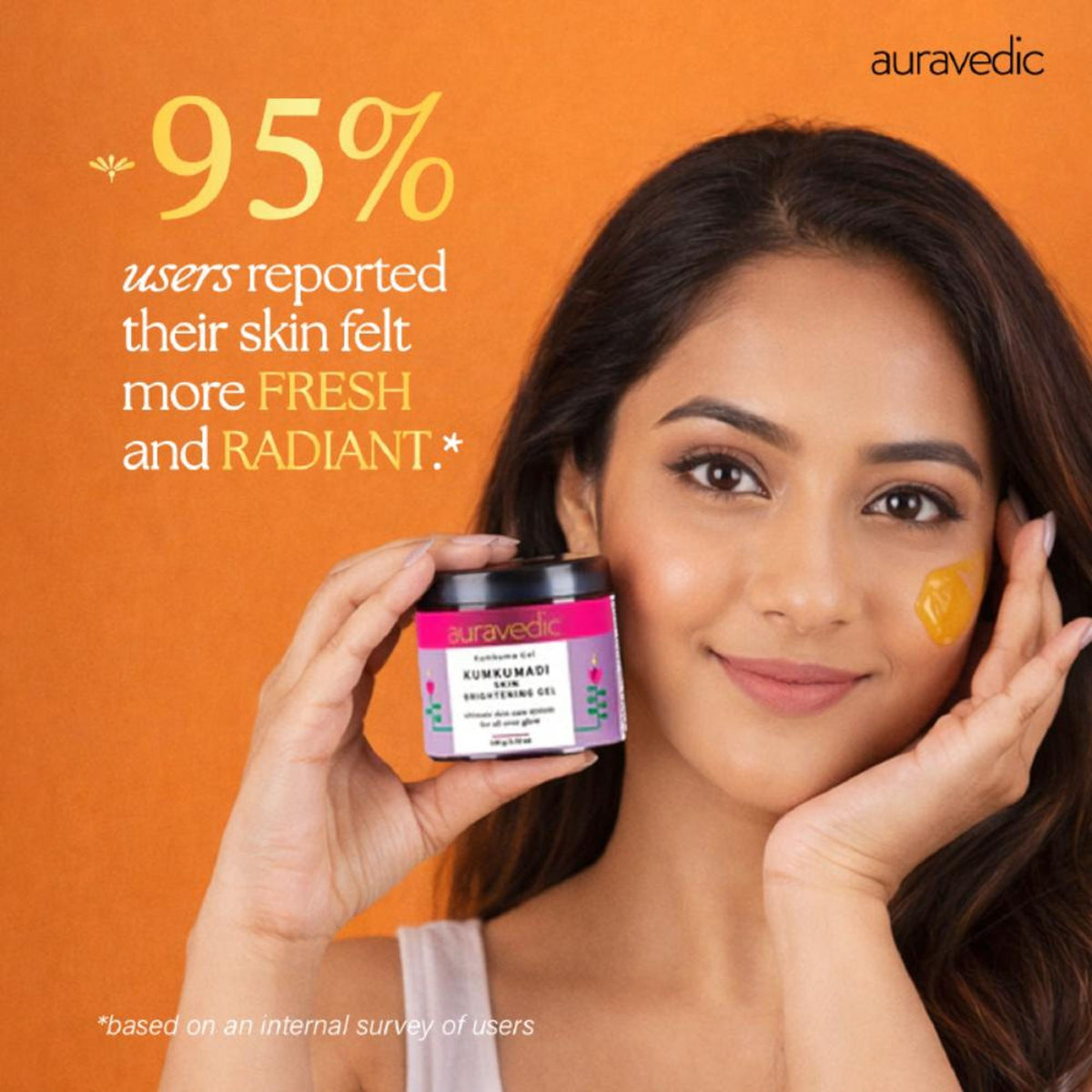 AuraVedic Kumkumadi Gel for skin brightening, showing a tube of Auravedic Kumkumadi Oil with a smooth, brightening gel texture.