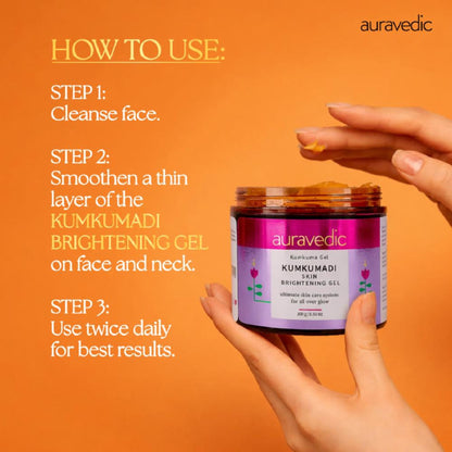 AuraVedic Kumkumadi Gel for skin brightening, featuring natural Kumkumadi Tailam and oil to reduce pigmentation and enhance glow.