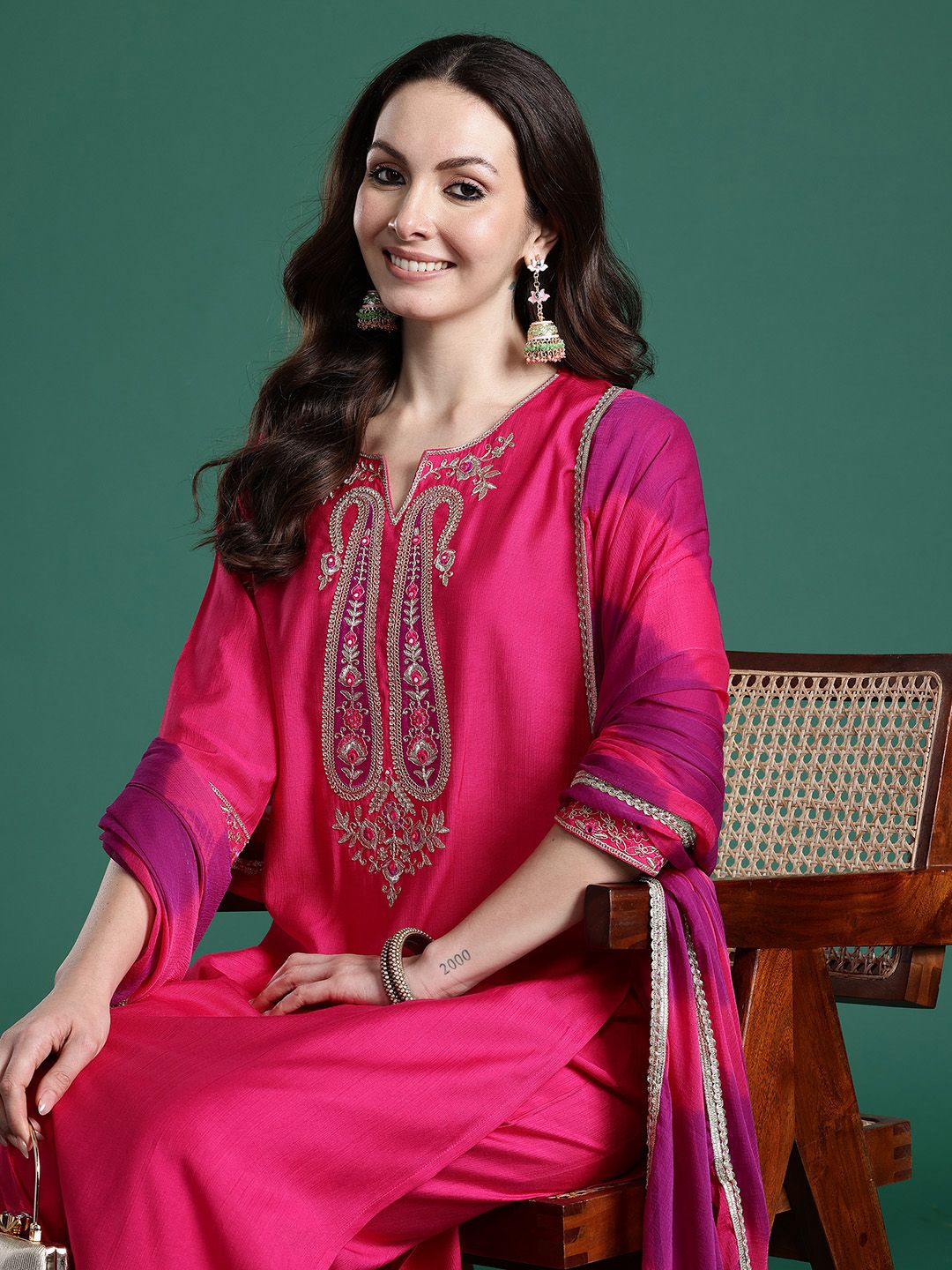 Paisley Embroidered Sequinned Kurta with Trousers & With Dupatta