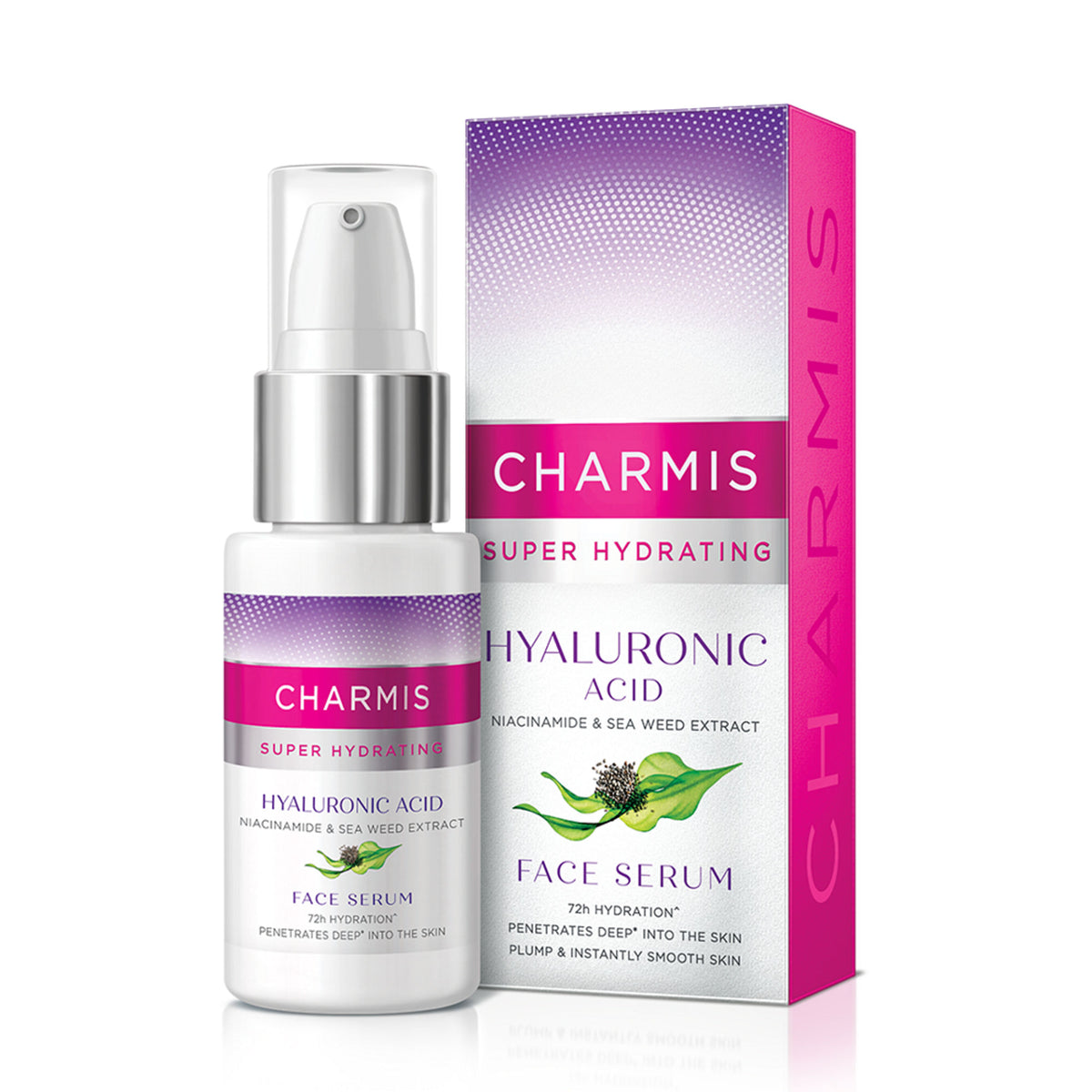 Charmis Super Hydrating Face Serum with hyaluronic acid, showing a clear vial and applicator for 72-hour moisture boost.