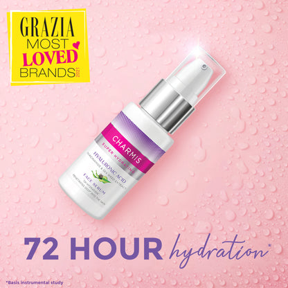 Charmis Super Hydrating Face Serum with hyaluronic acid for 72-hour moisture, featuring a sleek bottle and applicator.
