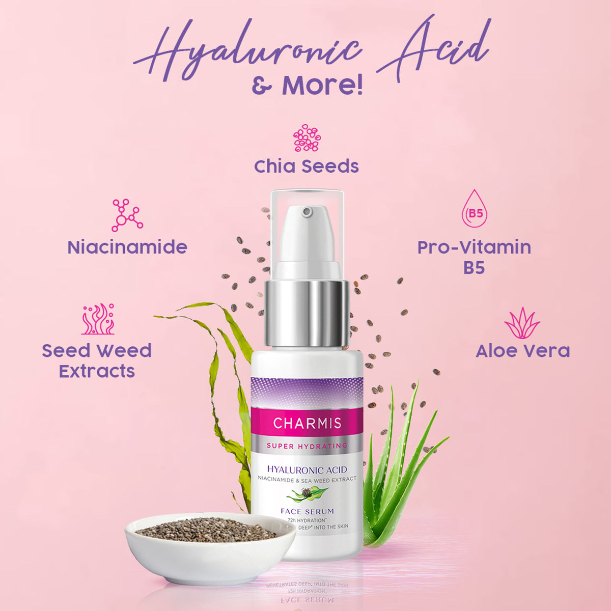Charmis Super Hydrating Face Serum with hyaluronic acid, showing the bottle and applicator for 72-hour hydration.