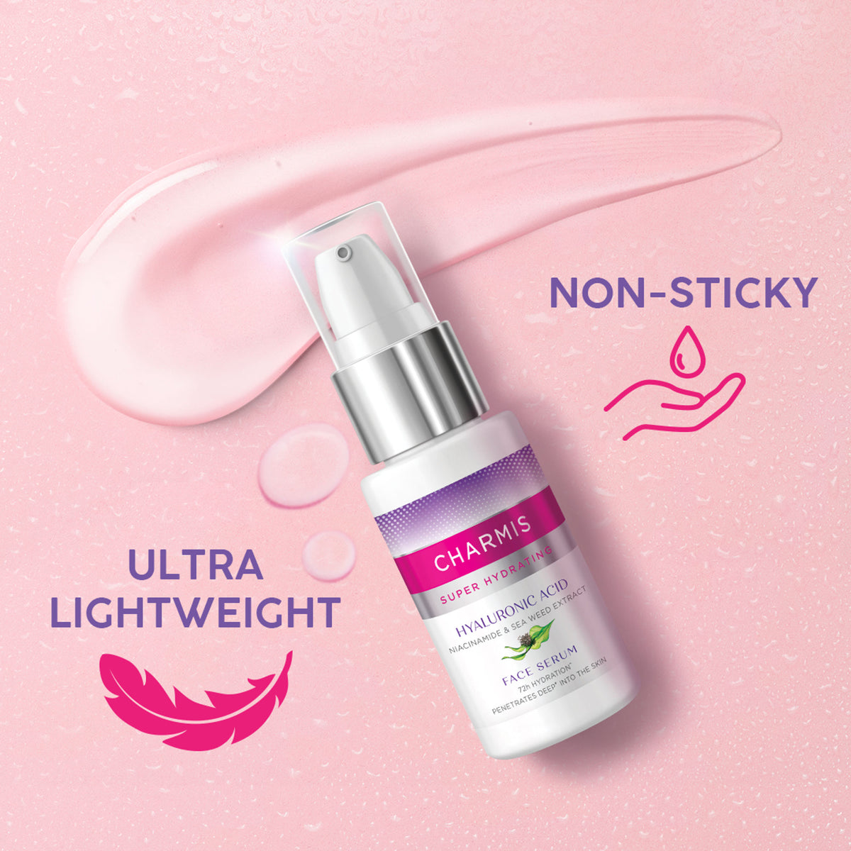Charmis Super Hydrating Face Serum with hyaluronic acid, featuring a sleek bottle and applicator for 72-hour hydration.