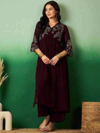 Indyancart SN Women's Brown Floral Embroidered V-Neck A-Line Kurta With Palazzo Set