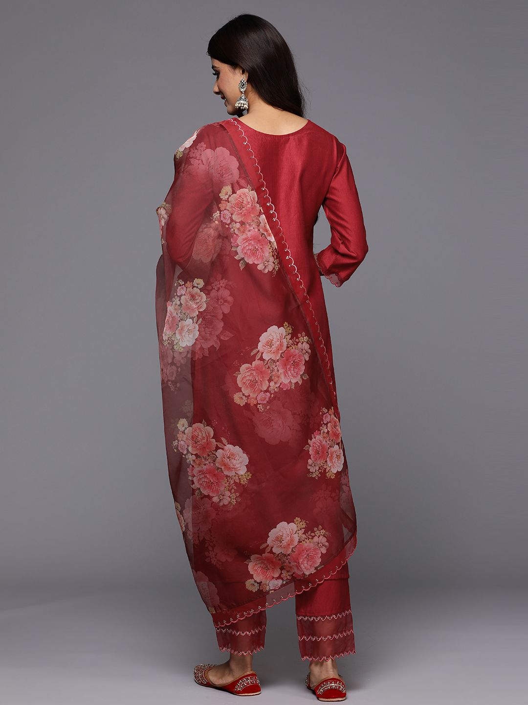 Dhiyona IE Women Floral Yoke Design Regular Sequinned Liva Kurta with Trousers & Dupatta