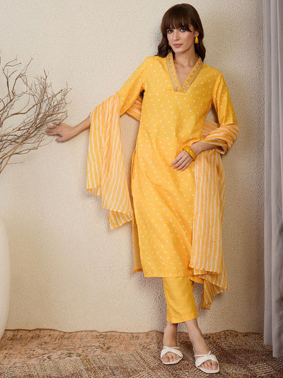 Indyancart IE Bandhani Printed Straight Kurta With Trouser & Dupatta