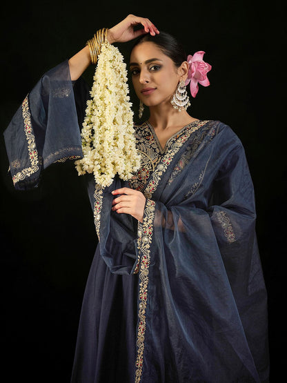 Indyancart IE Floral Embroidered Empire Liva Kurta with Trousers & Dupatta