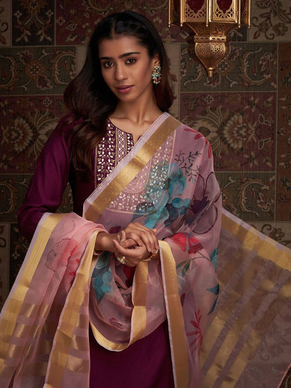 Indyancart IE Women Floral Embroidered Sequinned Liva Kurta With Trousers & With Dupatta