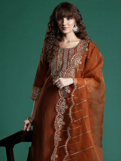 Indyancart IE Ethnic Motifs Embroidered Sequinned Liva Kurta With Trousers & Dupatta