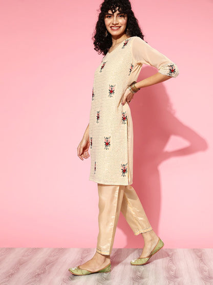 Indyancart IE Women Floral Poly Georgette Bling it On Kurta Set