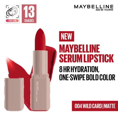 Maybelline Serum Matte Lipstick - 8Hr hydration, One-Swipe Bold Color - 004 Wild Card