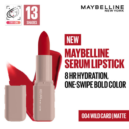 Maybelline Serum Matte Lipstick - 8Hr hydration, One-Swipe Bold Color - 004 Wild Card